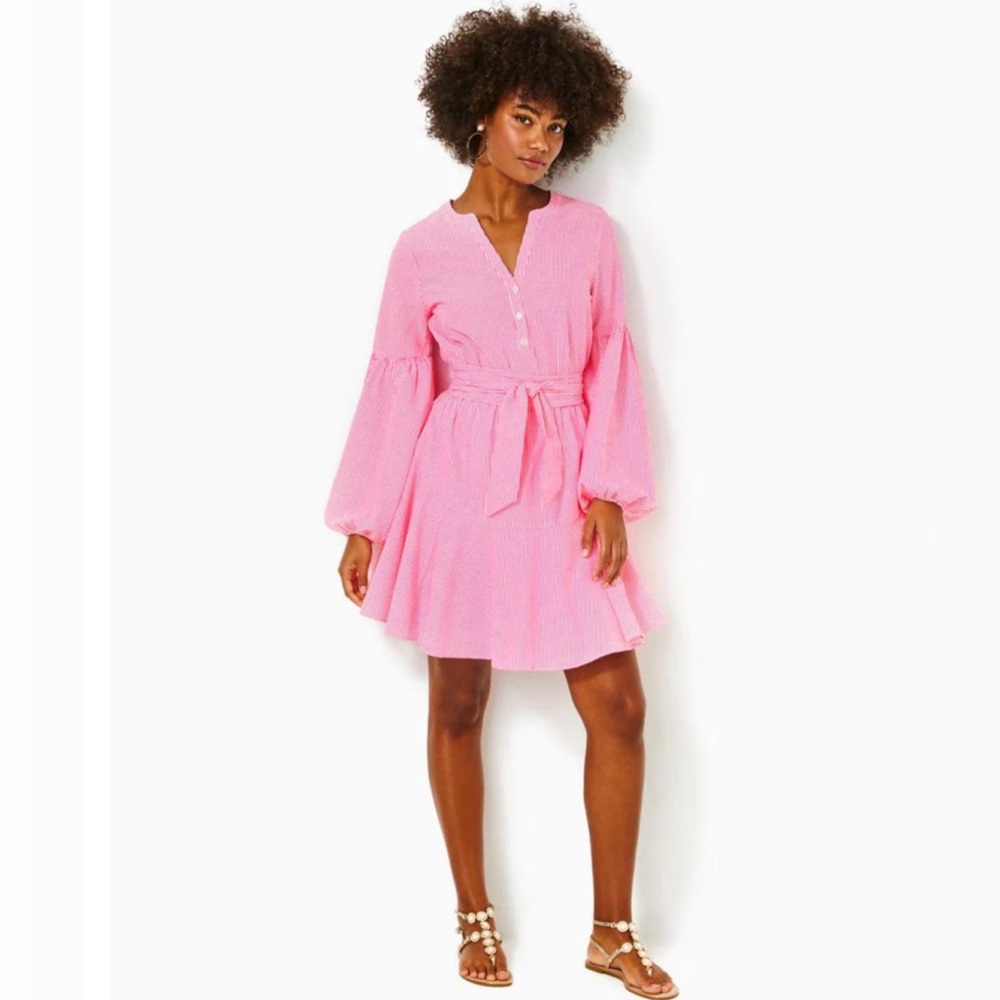 NWT- Lilly Pulitzer Carla longsleeve harbor pink stripe seersucker dress Size 10
